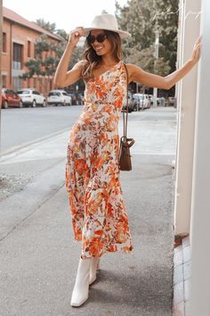 Floral maxi dress, orange floral dress, summer floral dress, fall dress outfit, fall dress outfit with boots, fall outfit ideas, fall outfits inspiration Spring Brunch Maxi Dress With Asymmetrical Neckline, Spring Floral Print Maxi Dress With Asymmetrical Neckline, Spring Maxi Dress With Floral Print And Asymmetrical Neckline, Spring Brunch One-shoulder Maxi Dress, Spring Vacation Maxi Dress With Asymmetrical Neckline, Spring One-shoulder Maxi Dress For Garden Party, Summer Vacation Maxi Dress With Asymmetrical Neckline, One Shoulder Maxi Dress For Spring Garden Party, One Shoulder Sleeveless Floral Dress For Beach