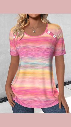 Product Details Function :Tummy Coverage Design Selling Point :Button Package Contents :1 X T Shirt Color :Pink, Rainbow Color Printing Design :Ombre, Print Placement Will Vary Clothing Length :Tunic Sleeve's Length :Short Sleeve Neckline :Round Neck Sleeve Style :Regular Sleeve Season :Summer,Spring Style :Casual Occasion :Everyday Composition :97% Polyester 3% Spandex Washing Instructions :Hand Wash/Machine Wash Ombre Print, Ombre Pink, Body Suit Outfits, Pink Round, Pink Rainbow, Printing Design, Rainbow Color, Print Placement, Tees For Women