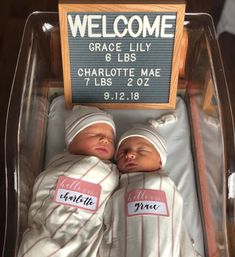 two baby dolls are in a display case with a sign on the wall that says grace lily and charlotte mae