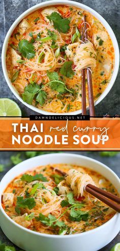 two pictures showing different types of soups in white bowls and green garnishes