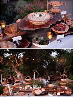 there are many different types of pies on display at this outdoor wedding reception table