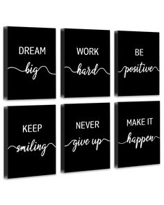 four black and white wall art prints with the words dream, work hard, never give up