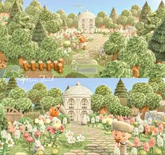 two pictures of a garden with flowers and trees