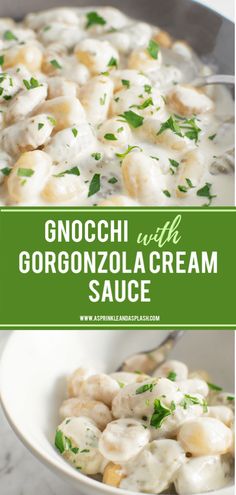 gnocchi with gorgonzolla cream sauce in a white bowl