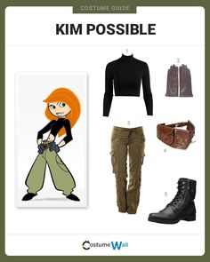 the costume guide for kim possible is shown in black and white, with an orange - haired