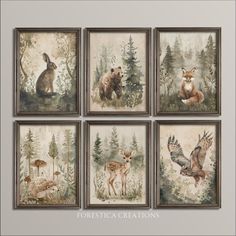 four framed pictures with animals in the woods