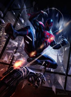 a spider - man flying through the air in front of a window with city lights