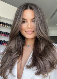 Iced Brunette Hair, Hair Lengths For Thick Hair, Level 7 Hair With Highlights, Cool Hair Tones Brunettes, Level 7 Ash Brown, Soft Summer Brunette Hair, Ashy Gray Brown Hair, Hair Color Ideas Blue Eyes, Light Frosted Brown Hair