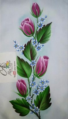 a painting of pink and blue flowers with green leaves