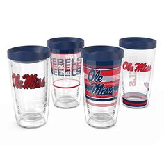 four glass tumblers with different designs on each one and the word ole mississippi in red, white, and blue