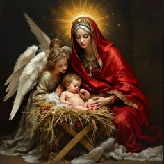 a painting of an angel holding a baby in a manger with two other angels