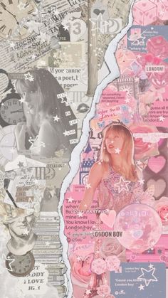 the collage is made up of many different images and words, including a woman's face