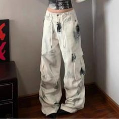 Color: White, Size: M 90s Style Baggy High Waist Pants, 90s Baggy High Waist Pants, 90s High Waist Baggy Pants, Y2k Straight Leg Winter Bottoms, Y2k Straight Leg Bottoms For Winter, Y2k Style Straight Leg Winter Bottoms, High Waist Y2k Winter Bottoms, Y2k High Waist Winter Bottoms, Baggy Mid-rise Winter Bottoms