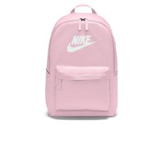 Show off your athletic style with the Nike® Heritage Backpack this year. This classic style backpack has a large main compartment with laptop pocket, and additional side pockets for added storage. The iconic Nike® branding details will make you a standout in the hallway just like you're a standout on the court! Synthetic upper, Adjustable padded shoulder straps,18 inches H x 11 inches W x 5 inches D, Padded back, Large zippered compartment with laptop pocket, Two side zip pockets, Front zip pocket, Top loop handle, Nike® branding elements | Unisex Nike Heritage Backpack in Pink Foam Nike Pink Backpack, Nike Backpack For Back To School, Casual Sports Bags With Logo, Sporty Gym Backpack For Back To School, Nike Sports Backpack For Back To School, Sporty Pink Backpack For Streetwear, Sporty Streetwear Bags For Back To School, Sporty Backpack For College, Sporty Standard Backpack For College