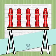 a drawing of red bowling pins on top of a wooden table in front of a brick wall