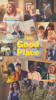 the good place movie poster with collages of people in different outfits and colors