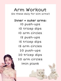 Kpop Arms Workout, Arm Workout Aesthetic, Wl Workout, Character Workouts, Smaller Chest Workout, Slim Arm Workout, Wonyoung Pilates Workout, Wonyoung Exercise, Aesthetic Workout Routine