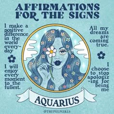 an aquarius poster with the words affirmations for the signs