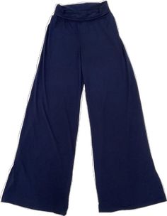 Navy Elastic Waistband Pants For Loungewear, Navy Pants With Elastic Waistband For Loungewear, Navy Stretch High-waist Pants, Chic Blue Wide Leg Pants For Loungewear, Chic Blue Wide Leg Loungewear Pants, Blue Wide-leg Pull-on Pants, Navy Trousers For Loungewear, Blue Stretch Wide Leg Casual Pants, Navy Casual High-waisted Wide Leg Pants