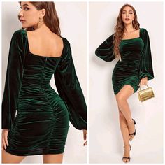 New Luxe Ruched Velvet Fitted Dress Deep Green * Long Lantern Sleeve, Elastic Cuff * Figure Flattering Side & Rear Ruching * Square Princess Neckline * Short Bodycon Skirt * Back Zip * Soft Stretch Pullover *Approximate Unstretched Measurements* Small (4) * Bust 29.25"(Up To 35.25") * Waist 24.75"(Up To 27.5") * Hip 32.25"(Up To 37.25") * Length 34.25" Medium (6) * Bust 30.75"(Up To 37") * Waist 26.25(Up To 29") " * Hip 33.75"(Up To 39") * Length 35" Large (8/10) * Bust 33.25"(Up To 39.25") * Wa Green Velvet Dress Short With Shoes, Velvet Green Short Dress, Dark Green Velvet Dress Short, Red Velvet Dress Short Windsor, Long Sleeve Short Velvet Green Dress, Green Velvet Dress Puff Sleeves, Green Long-sleeved Velvet Dress, Bishop Sleeve Dress, Long Sleeve Velvet Dress