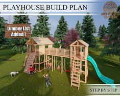 an image of a wooden play house with slide and climbing frame in the grass next to trees