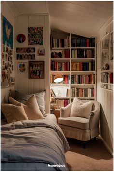 a bed room with a neatly made bed and a book shelf filled with lots of books