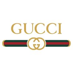 the gucci logo is shown in gold and green with a red stripe on it