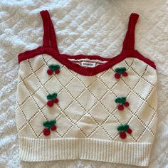 Never Worn Sweater Tank Top With Red Crochet Edges And Cherry Embroidery Cute Red Tops With Floral Embroidery, Cherry Embroidery, Tank Top Crochet, Crochet Edges, Red Crochet, Cream Sweater, Sweater Tank, Sweater Tank Top, Crochet Edging