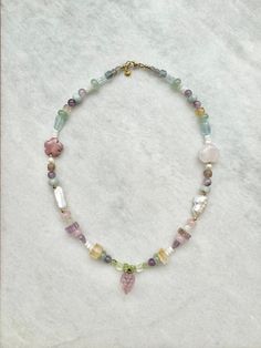 This unique necklace is one of a kind!  It features baroque pearls and stones such as * amethyst * amertine * aquamarine * prehnite * fluorite * labradorite * rhodonite & rose quartz and it's finished with a fluorite grape charm and gold vermeil findings Necklace length approximately - 17" /43cm Keep away from water. Avoid direct contact with perfumes and chemicals. Remove before showering or swimming. Handmade Amethyst Pearl Necklace As A Gift, Handmade Bohemian Necklace In Pastel, Handmade Amethyst Pearl Necklace Gift, Handmade Pastel Bohemian Necklace, Handmade Bohemian Pastel Necklace, Rainbow Beaded Necklace, Rose Quartz Jewelry, Quartz Jewelry, Rainbow Beads