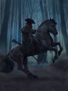 a man riding on the back of a horse through a forest