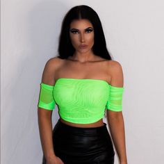 Neon Pink Crop Top Mesh Material Strapless Off Shoulder Quarter Sleeves 95% Nylon 5% Spandex Model Is Wearing A Size Small Fitted Green Mesh Top, Spring Mesh Crop Top For Club, Fitted Green Mesh Top For Party, Summer Club Mesh Crop Top, Stretch Nylon Crop Top, Strapless Nylon Tops For Night Out, Casual Mesh Crop Top For Party, Summer Mesh Crop Top For Night Out, Summer Night Out Crop Mesh Top