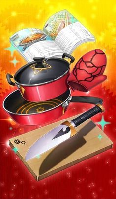 an image of cooking utensils and cookbooks on a red background with stars