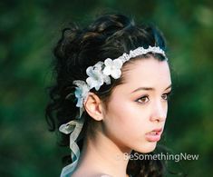 beaded lace tie wedding headband with flowers by BeSomethingNew, $65.00 Woodland Wedding Hair, Flowers Wedding Hair, Headband With Flowers, Flower Girl Hair Piece, Bohemian Wedding Hair, Rhinestone Headpiece, Bride Headband, Hair Wreaths, Head Pieces