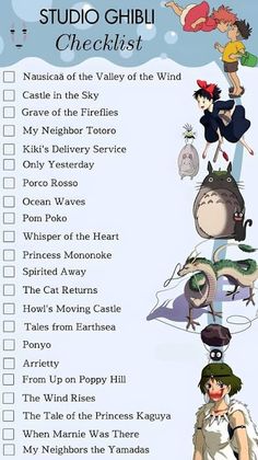 the studio ghibli checklist is shown in this graphic style, with many characters