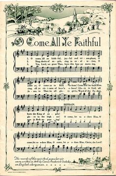 an old sheet with music notes on it and the words come all ye faith written in green