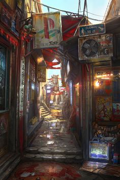 an alley way with many signs and advertisements