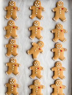 several ginger cookies are arranged in rows on a baking sheet