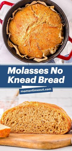 molassses no knead bread in a cast iron skillet