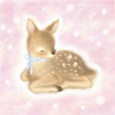 a drawing of a little deer with a blue bow on it's neck sitting in the snow