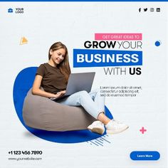 a woman sitting on a bean bag chair with a laptop in her lap and the text grow your business with us below it