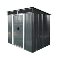 a small metal shed with the door open