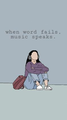 a woman sitting on the ground with her headphones in her ears and text that reads when word falls, music speaks