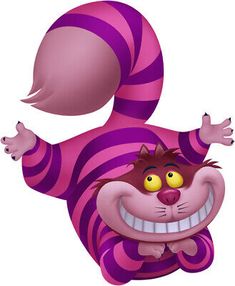 a pink and purple striped cat with its arms out in the air while smiling at someone