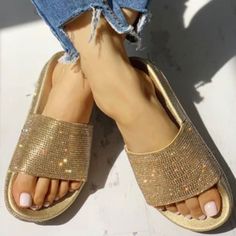 To Make An Offer Or For Lower Prices Go To The Link In My Bio. **New Never Worn** Womens Rhinestones Open Toe Sandals Casual Slides Slippers Beach Platform Shoes Color: Gold Size:8 Strip Club Outfit Clubwear, Strip Club Outfit, Casual Slides, Slides Slippers, Sandals Casual, Cute Sandals, Hottest Fashion Trends, Gold Rhinestone, Shoes Color