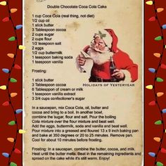 an old fashioned recipe for christmas with santa clause on it's back and lights in the background