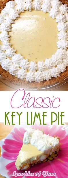 a pie with white frosting on top and the words classic key lime pie above it