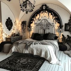 Monochrome Boho Retreat: Stylish Simplicity in Black and White Bedroom Black Boho Bedroom, Gothic Decor Bedroom, A Modern House, Boho Bedroom Design, Dream Bedroom Inspiration, Goth Home Decor, Black Boho, Cozy Room Decor