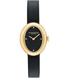 From COACH&#x2C; this women's watch features: Gold tone stainless steel caseBlack leather strap Black dial Mineral crystalBuckle closureQuartz analog movementCase diameter approx. 22.5mmWater-resistance: 3BImported. Black Leather Watch Women's, Evening Watch With Leather Strap And Rectangular Dial, Leather Watches With Rectangular Dial For Evening, Leather Watch With Rectangular Dial For Evening, Black Leather Watch For Evening, Black Leather Evening Watch, Black Watch With Polished Finish And Rectangular Dial, Black Evening Watch With Polished Finish, Black Polished Finish Watch For Evening