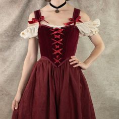 Our dark red velvet corset is the ultimate statement piece for those seeking a blend of luxurious elegance and historical charm. Perfect for renaissance faire costumes, Christmas parties, gothic or vampire outfits, or simply adding a bold, regal touch to your wardrobe, this corset is designed to flatter your silhouette while offering comfort and durability. Crafted from rich, 100% cotton deep red velvet, this corset features a classic lace-up front and back lacing for an adjustable fit, and synt French Meadows, Vampire Outfits, Velvet Corset Top, Yellow Corset, Deep Red Velvet, Dark Red Velvet, Wedding Corset, Brown Corset, Corset Shop