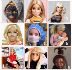 barbie dolls are shown with their faces covered in masks and wigs to help them look like they're getting ready for halloween